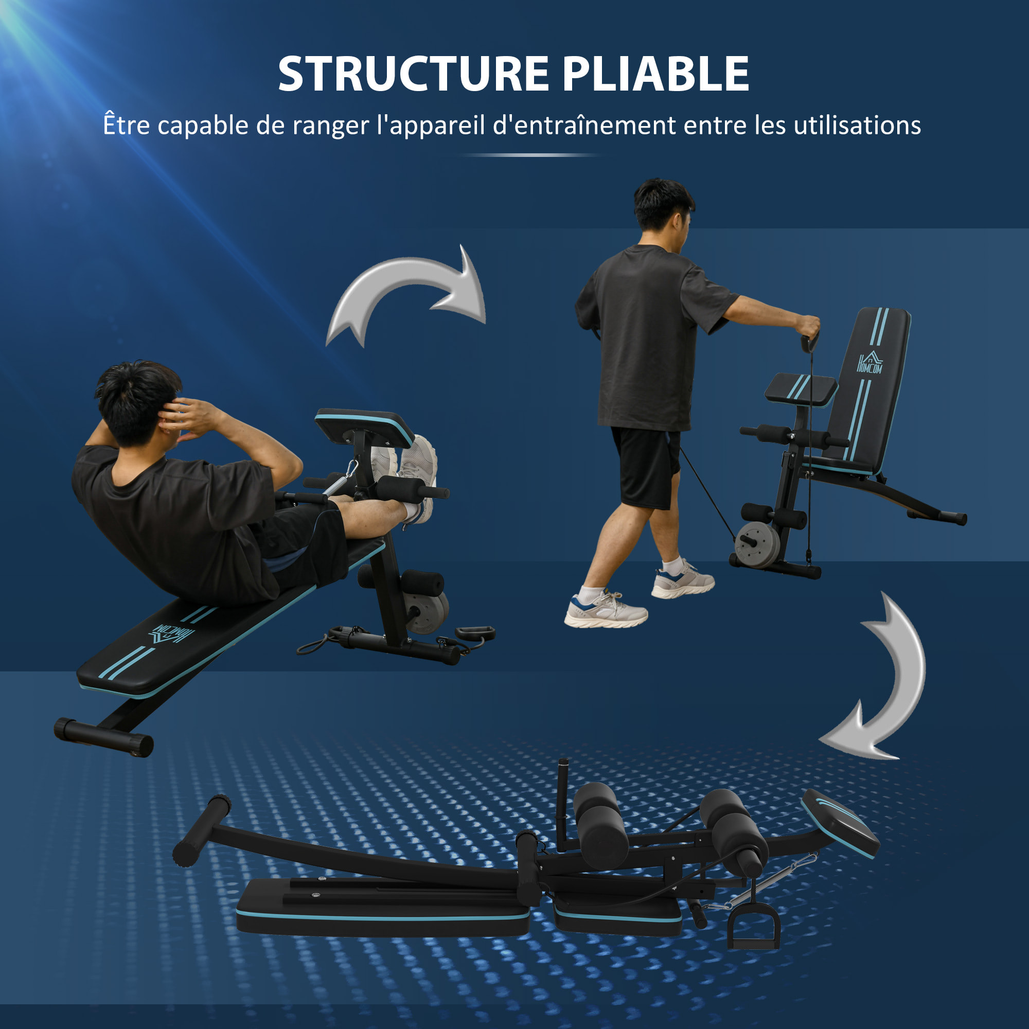 Banc de musculation pliable inclinable réglable sangles élastiques + support haltères inclus acier noir bleu