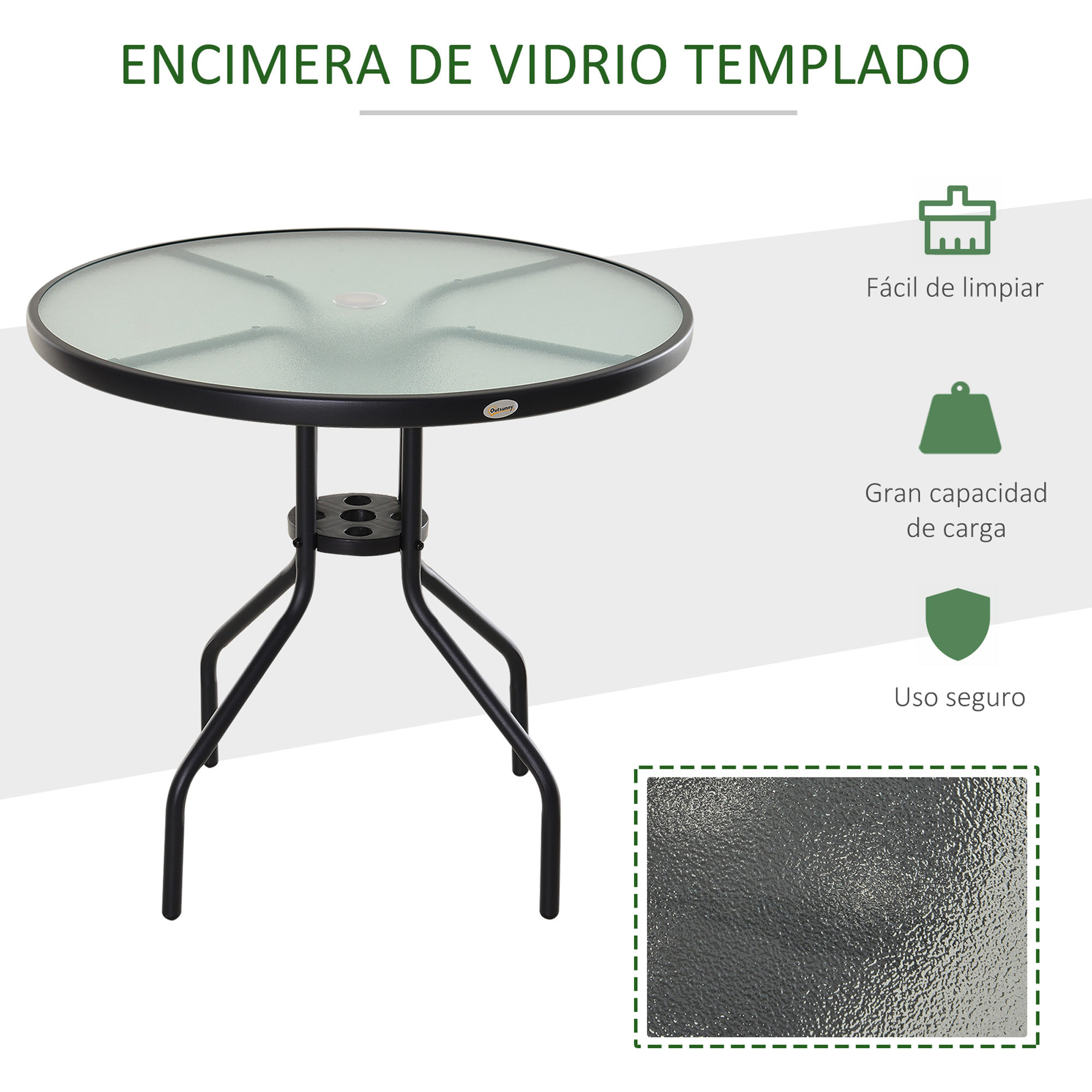 Mesa de Jardín Redonda Mesa Comedor de Cristal Templado con Agujero para Sombrilla y Estructura Metálica para Patio Terraza Balcón Exterior Ø80x72 cm Negro