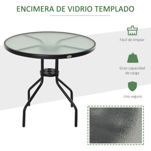 Mesa de Jardín Redonda Mesa Comedor de Cristal Templado con Agujero para Sombrilla y Estructura Metálica para Patio Terraza Balcón Exterior Ø80x72 cm Negro