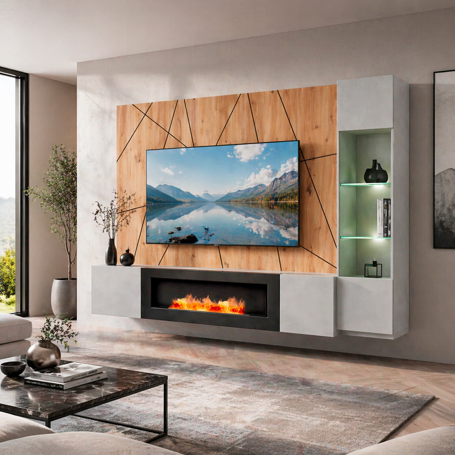 Parete Attrezzata Moderna Per Tv Con Biocamino E Pannello Design Geometrico 2 Ante Ribalta  E 1 Vano A Giorno 200 x 40 x 158 Cm Grigio E Rovere