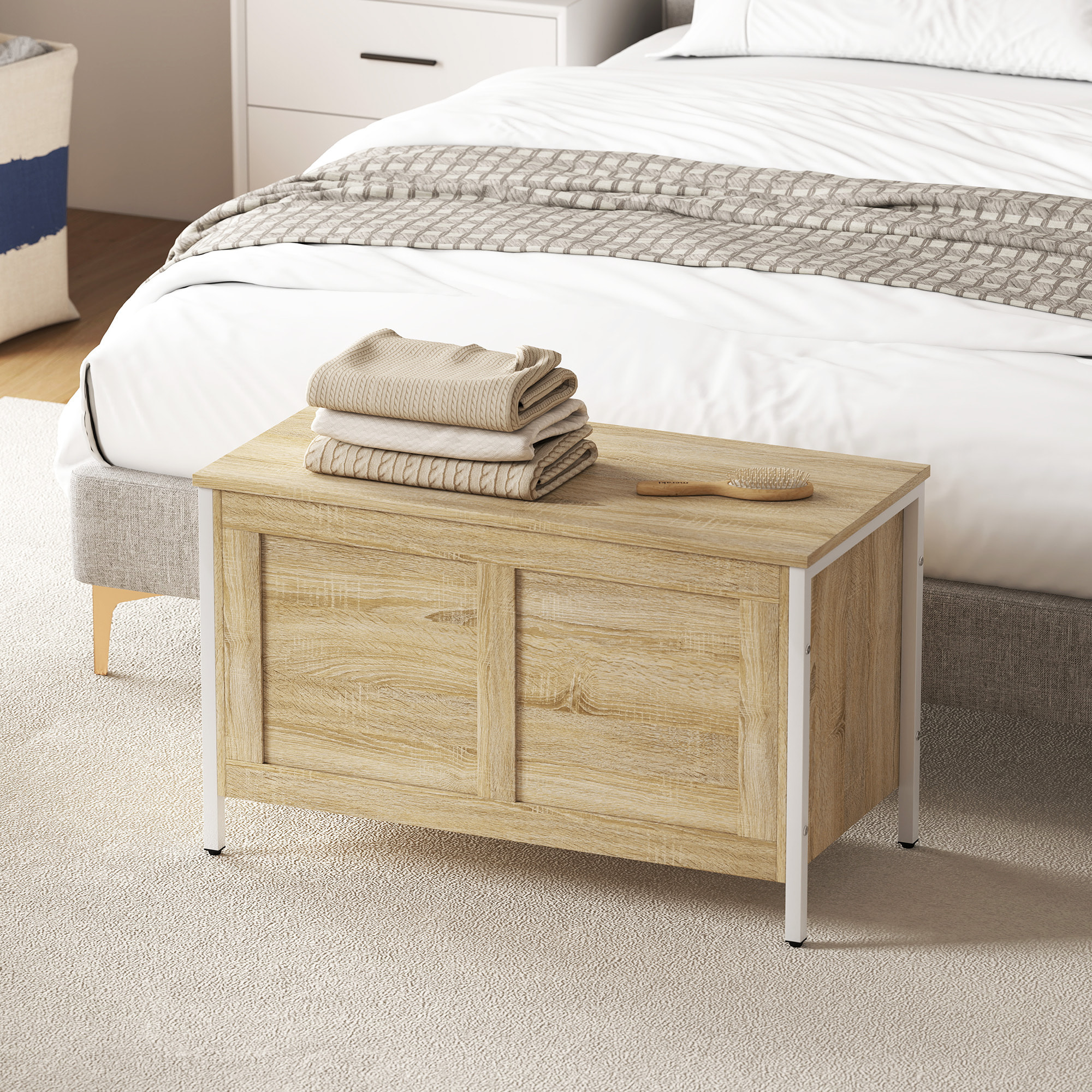 Baúl de Almacenaje para Dormitorio 95 L Banco de Almacenaje con Tapa Bisagra de Seguridad para Pasillo Salón 80x40x50 cm Roble