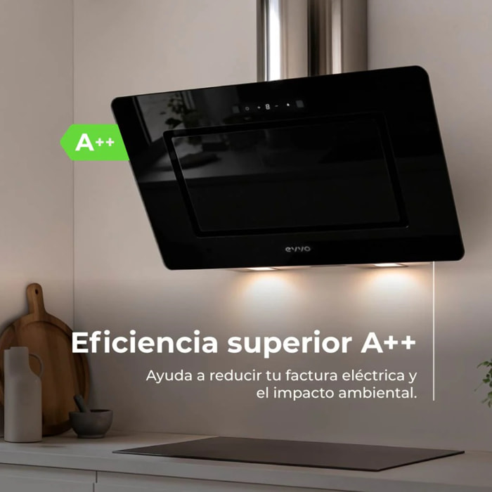 EVVO Campana extractora 60 cm decorativa, 800 m³/h, táctil y gestual, filtro aluminio y carbón activo, eficiencia A++