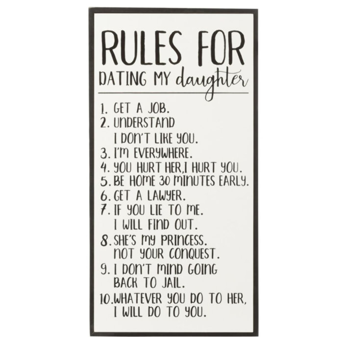 J-Line pancarte 'Rules For Dating My Daughter' - bois/céramique - blanc/noir