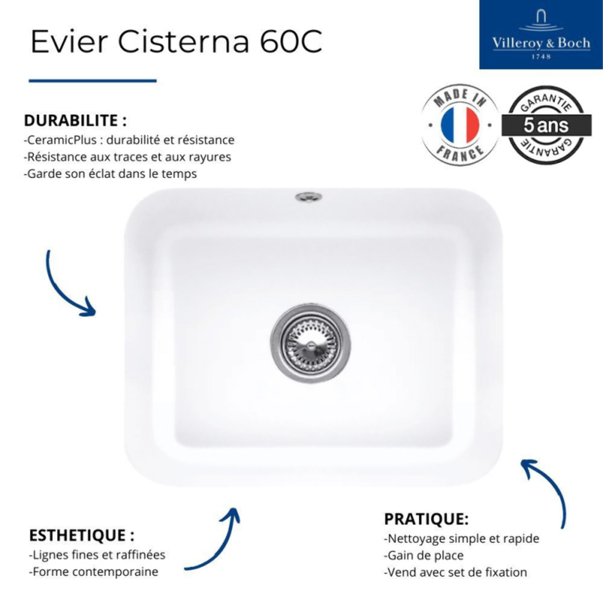 Evier 1 bac Cisterna 60C Stone White CeramicPlus