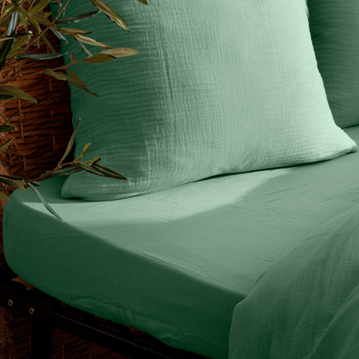 Drap housse "Flora" gaze de coton vert céladon 140x190cm