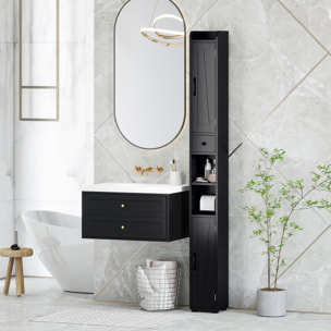 Columna de Baño Estrecha con 2 Puertas Armario Alto de Baño Rústico con Cajón Compartimento Abierto Estantes Ajustables y Portarrollos 20x20x185 cm Negro