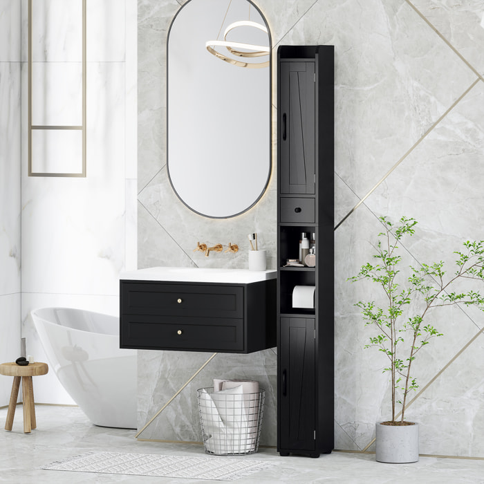Columna de Baño Estrecha con 2 Puertas Armario Alto de Baño Rústico con Cajón Compartimento Abierto Estantes Ajustables y Portarrollos 20x20x185 cm Negro