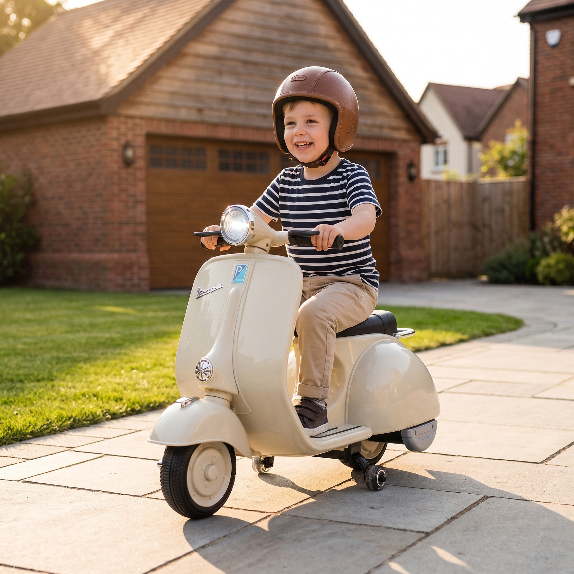 Moto Eléctrica para Niños Licencia VESPA 6V, Moto Eléctrica Infantil con Arranque Suave, Ruedines Desmontables, Luz Delantera, Música, Bocina, USB, Avance, Atrás, para Niños +3 Años, Blanco