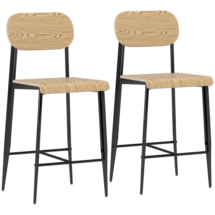 Lot de 2 tabourets de bar chaises de bar design structure acier noir assise dossier effet bois clair