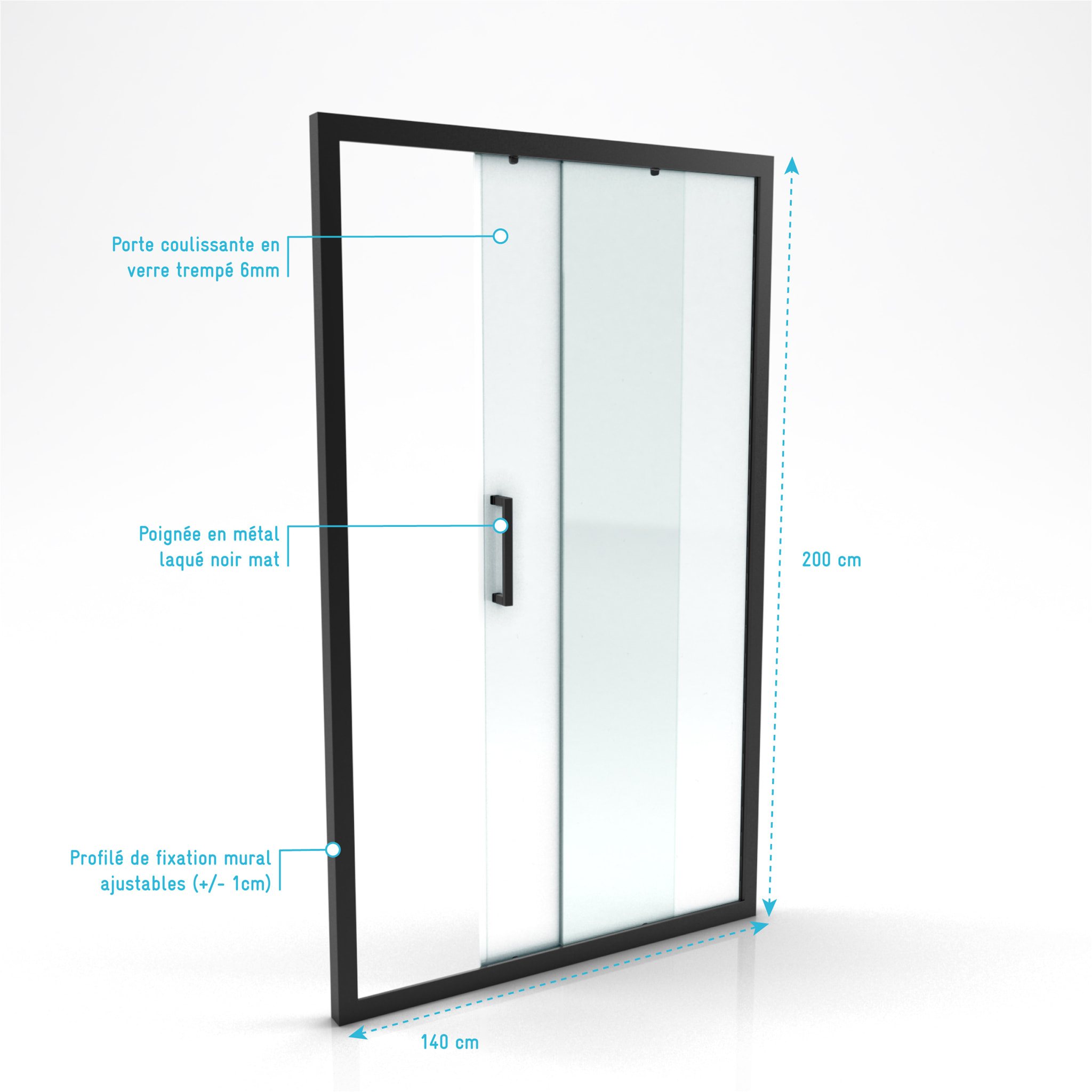 Porte de douche coulissante 140x200 cm - Verre transparent - Profilé Noir - CRUSH