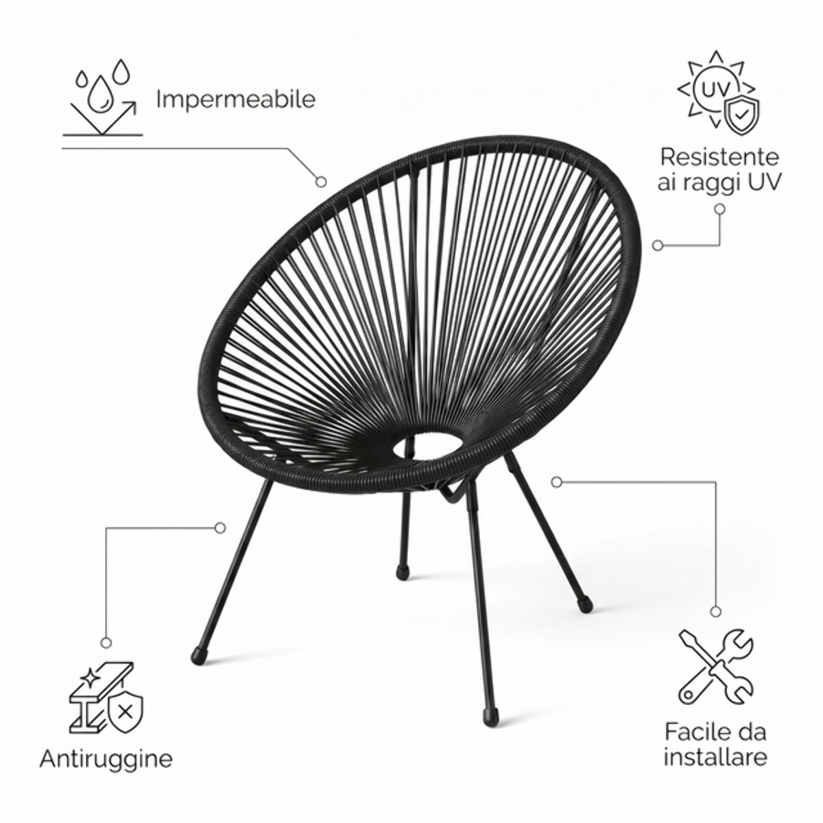 Sedia da giardino in acciaio e vimini sintetico multistring, poltrona outdoor design moderno, resistente a UV e acqua, antiruggine e facile da montare, seduta ergonomica e traspirante, ideale per balcone terrazzo e giardino