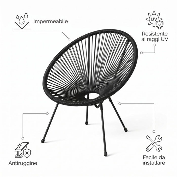 Sedia da giardino in acciaio e vimini sintetico multistring, poltrona outdoor design moderno, resistente a UV e acqua, antiruggine e facile da montare, seduta ergonomica e traspirante, ideale per balcone terrazzo e giardino