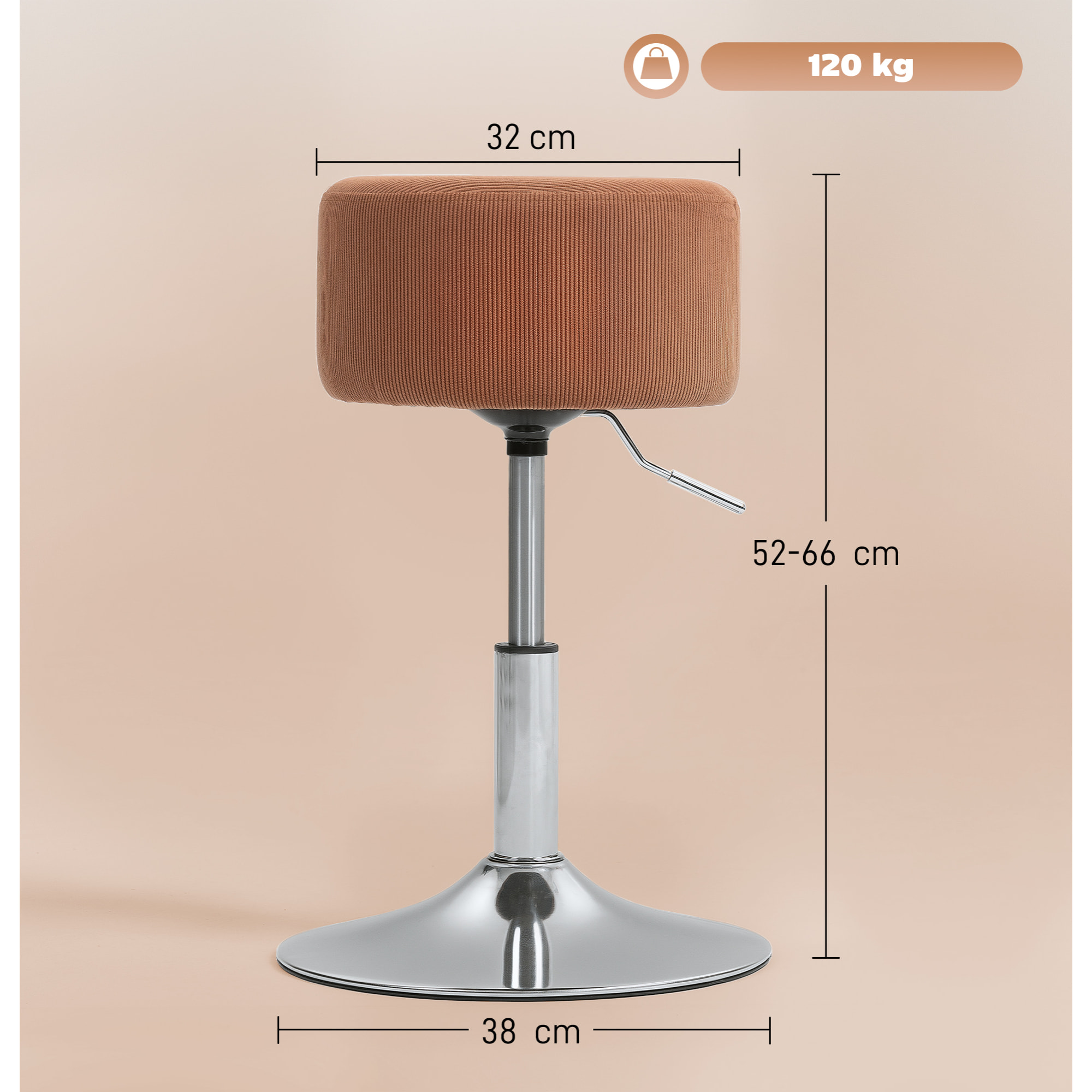 Taburete de Bar Taburete Alto de Cocina Regulable en Altura 52-66 cm Tapizado en Pana Giratorio en 360° para Comedor Tocador Mostrador Marrón