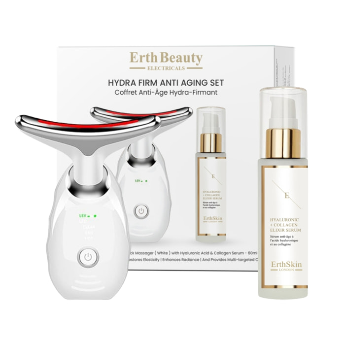 Set antiedad Hydra Firm (masajeador facial y de cuello - blanco con suero de ácido hialurónico)
