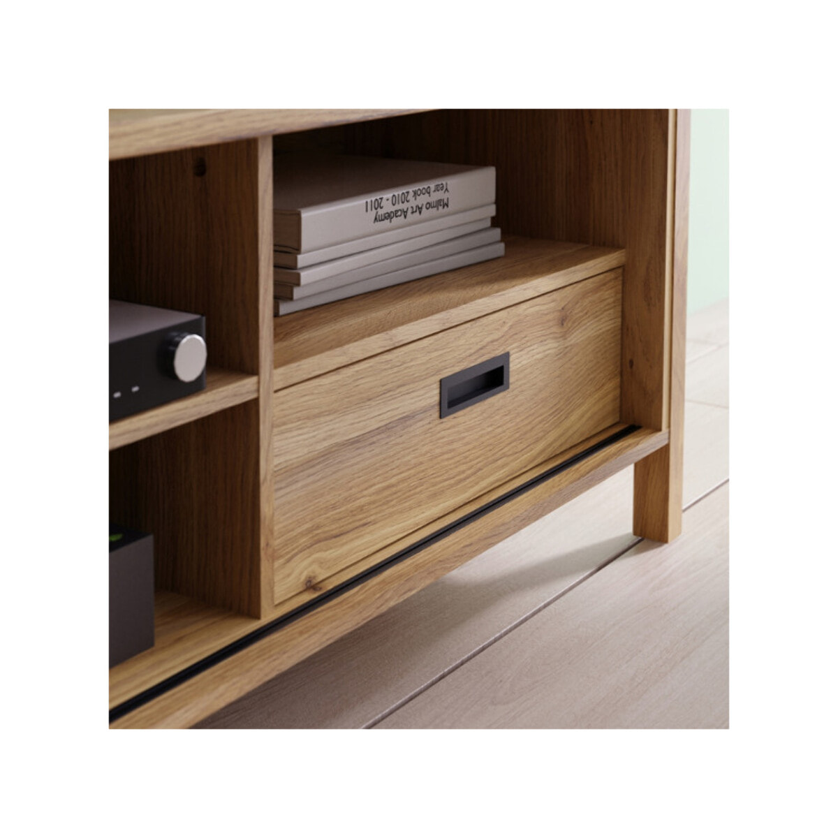Meuble TV L175 cm 4 niches 1 tiroir décor bois chêne et noir - BOSTON