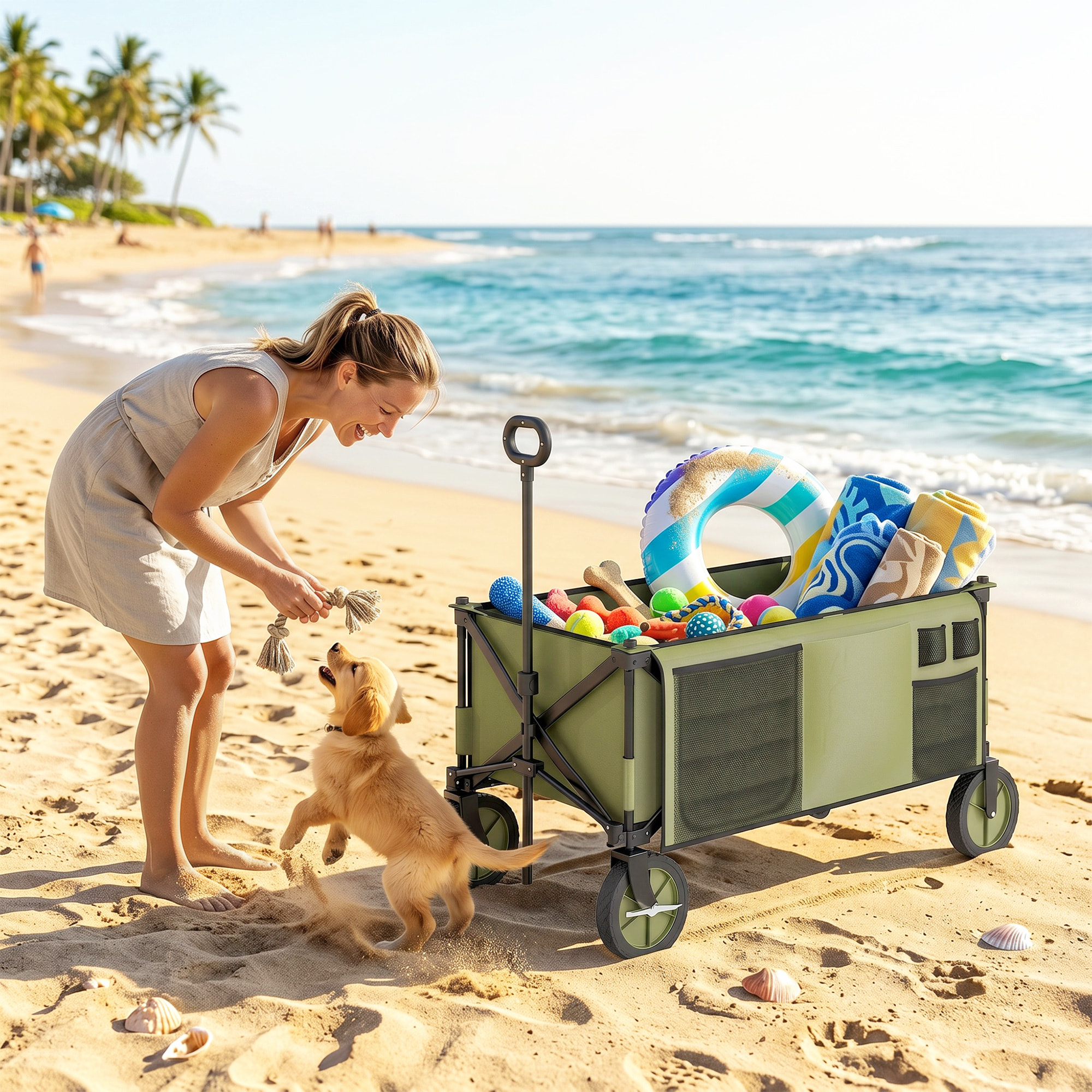 Carro Plegable de Jardín con Ruedas Carro para Playa con Mango Telescópico Tablero Plegable 5 Bolsas Marco de Acero Carga 100 kg para Compra Patio 108x55x93 cm Verde