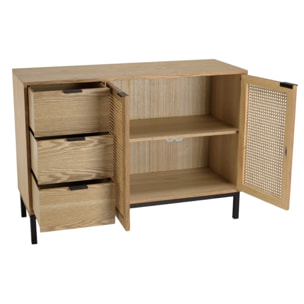 MARCEAU - Buffet 3 tiroirs 2 portes cannage naturel pieds métal noir