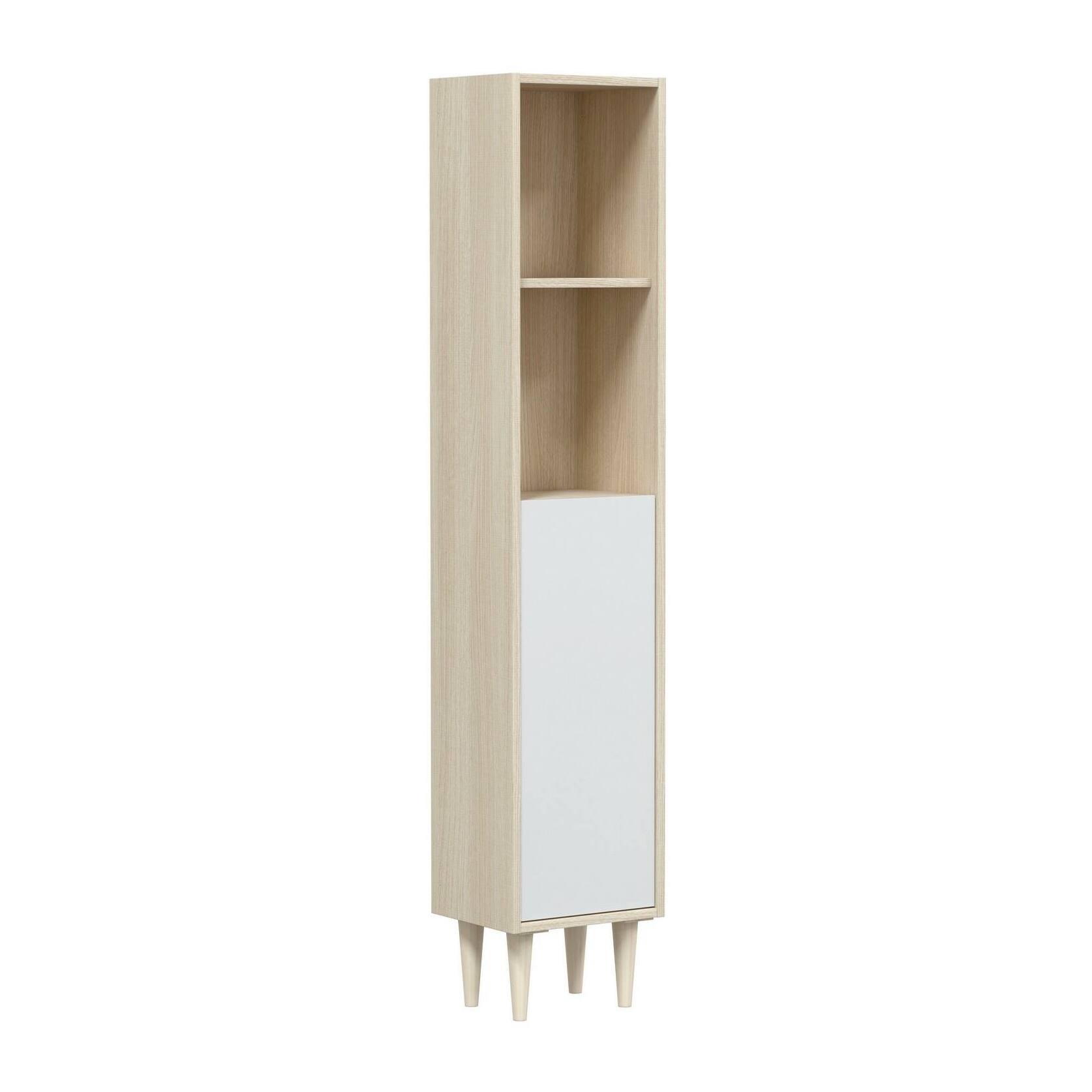Mobile colonna Lazzarina, Pensile bagno con 1 anta, Armadio alto, 30x25h150 cm, Rovere e Bianco lucido