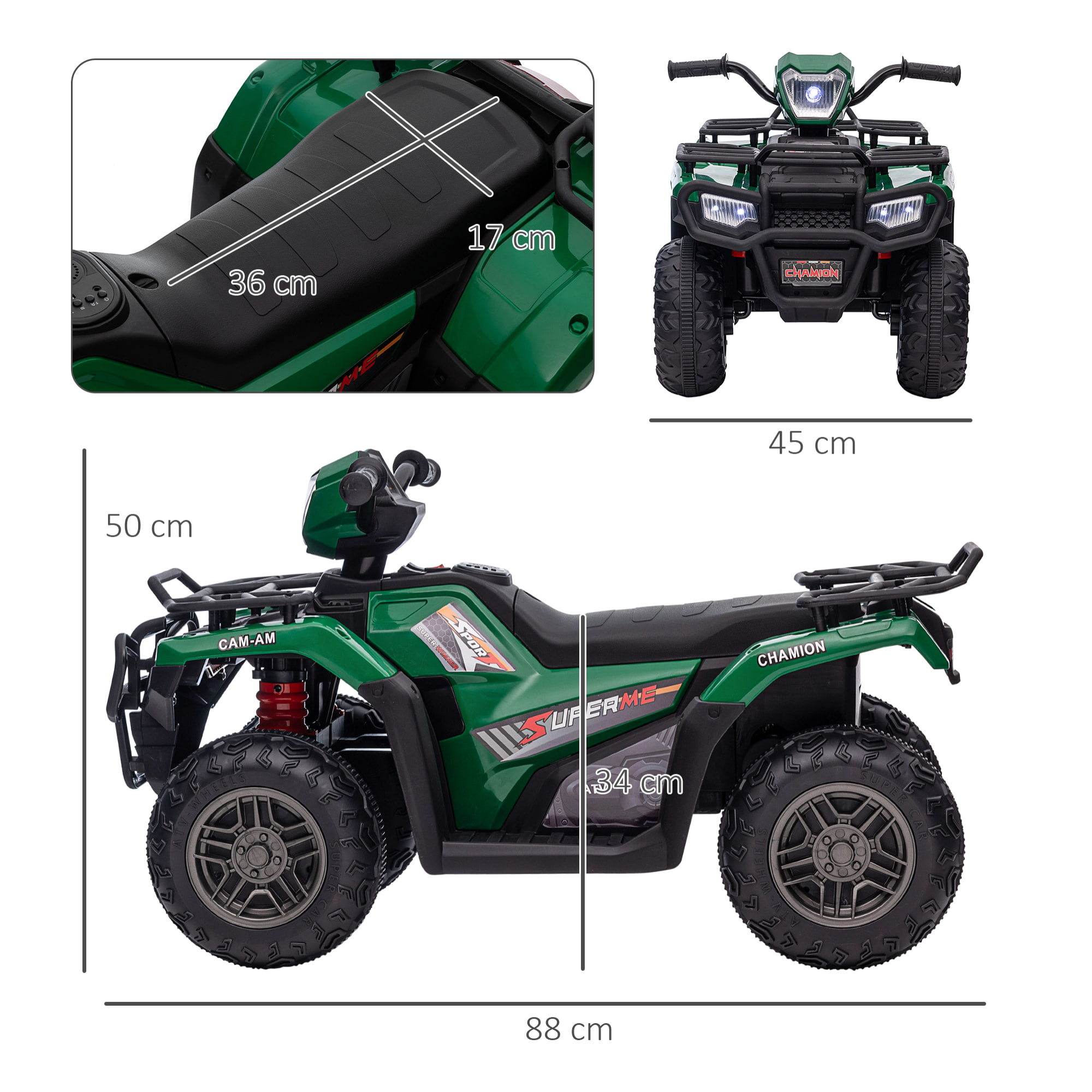 Quad électrique enfant 12V 2 moteurs vitesse 2-4Km/h effets lumineux sonores vert
