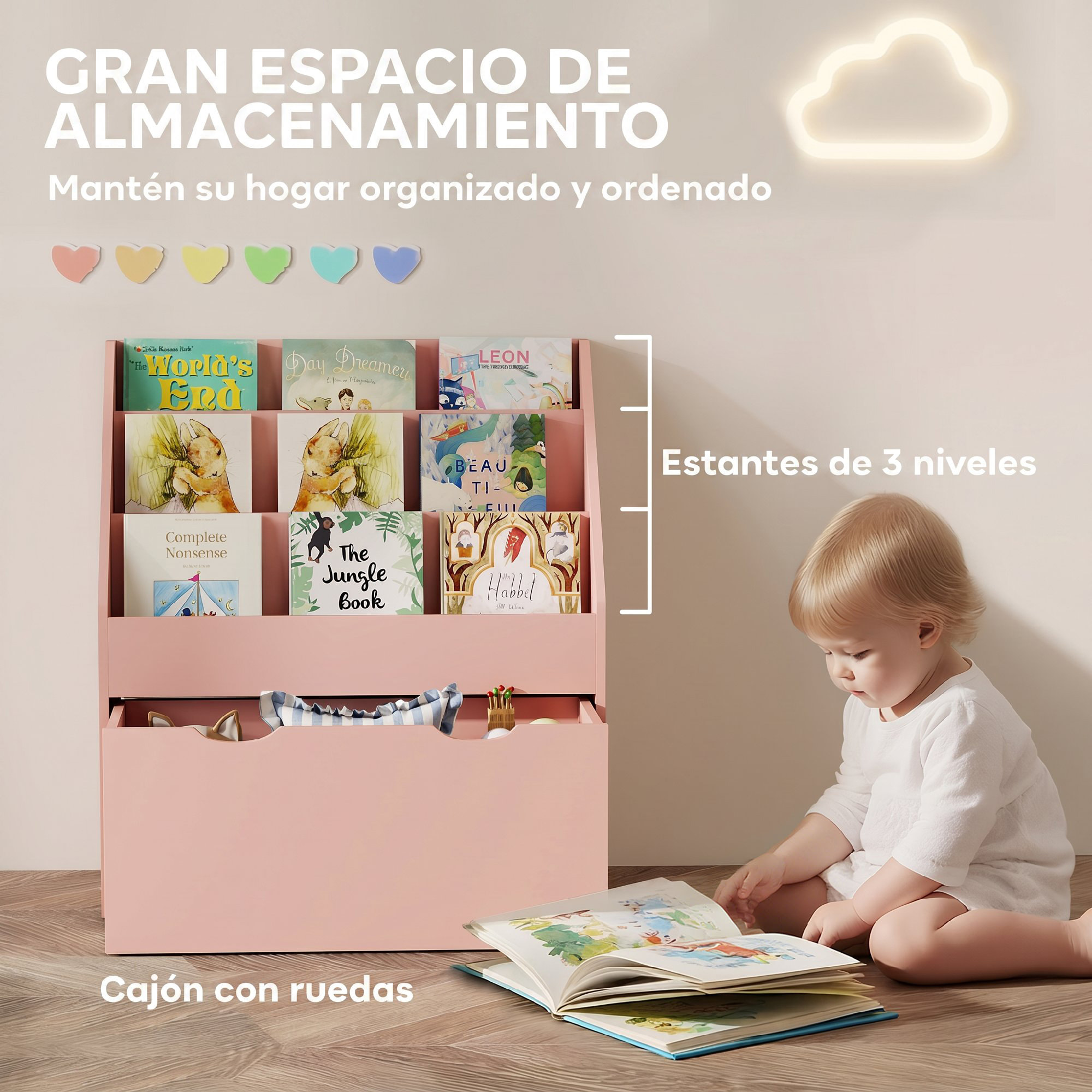 Estantería de Juguetes con 3 Compartimentos, Librería Infantil, Caja de Juguetes Móvil, Cajón con Ruedas, Multifuncioanl, para Dormitorio, Guardería, Sala de Juegos, Rosa
