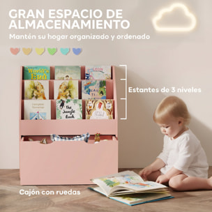 Estantería de Juguetes con 3 Compartimentos, Librería Infantil, Caja de Juguetes Móvil, Cajón con Ruedas, Multifuncioanl, para Dormitorio, Guardería, Sala de Juegos, Rosa