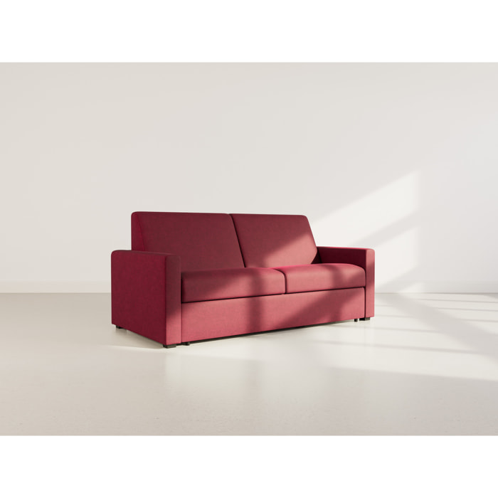 Julia - canapé lit 3 places convertible express couchage quotidien 140 cm matelas 18 cm en tissu - Prune