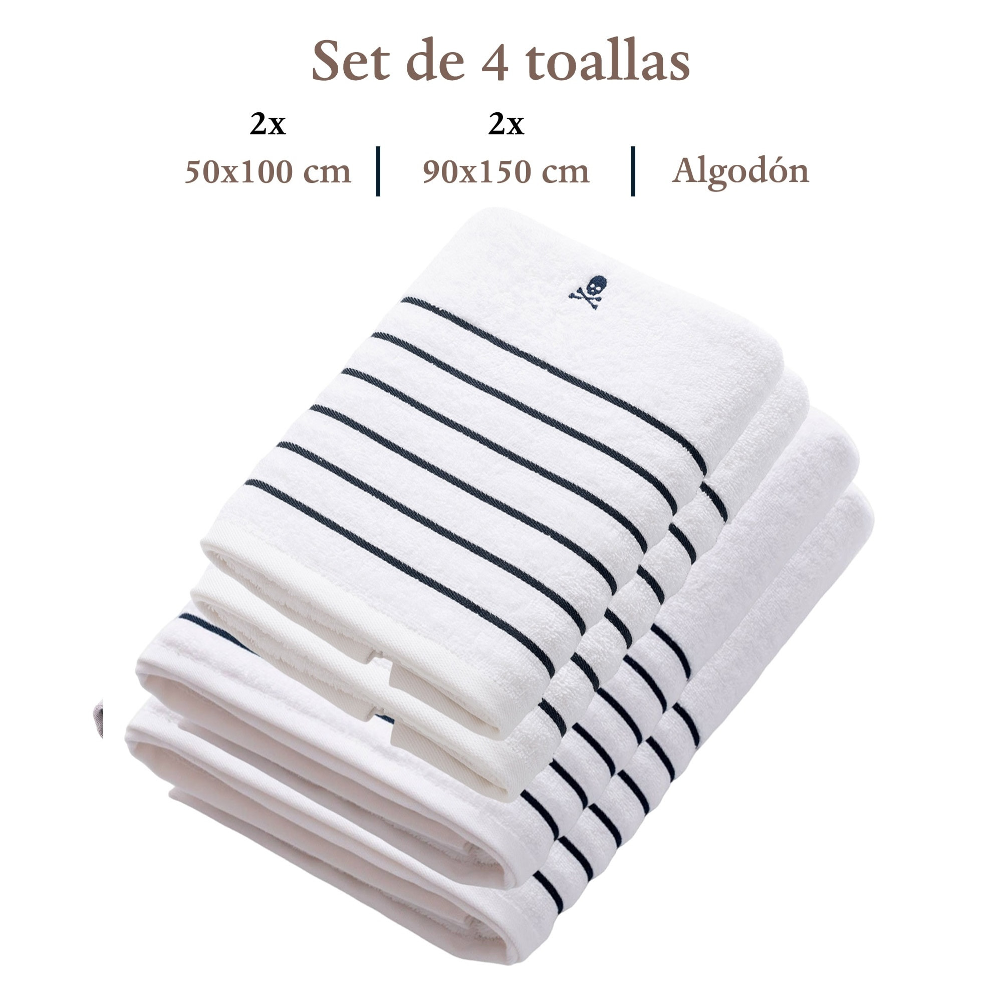 Set de 4 toallas: 2 de lavabo (100x50) y 2 de ducha (150x90), 100% algodón, 470 gsm, blanca con rayas scalpers home