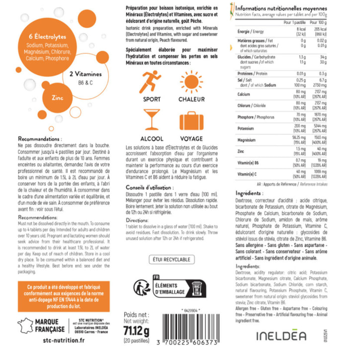 STC NUTRITION - Hydra+ - Préparation pour boisson isotonique à base d'Électrolytes, Vitamines, sucre et édulcorant naturels - Pêche - Optimise l'hydratation - 20 Pastilles