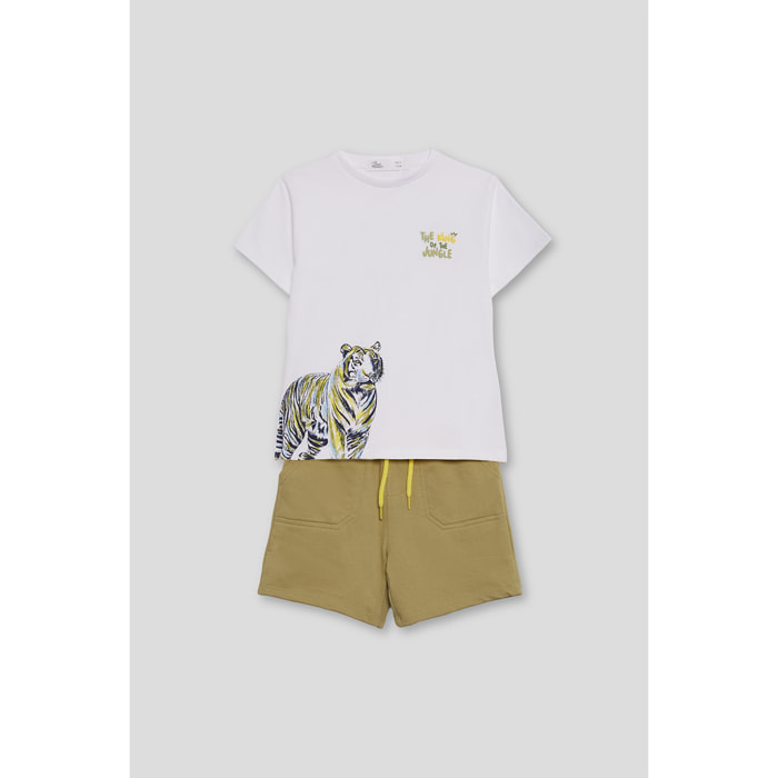 Conjunto de Niño con Camiseta Blanca Estampada de Tigre y Pantalón Corto Beige, Estilo Casual y Fresco | Color: Estampado | Street Monkey