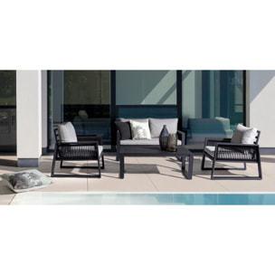 Set salotto CAPTIVA con 1 divano, 2 poltrone e 1 tavolino in alluminio antracite e textilene tortora