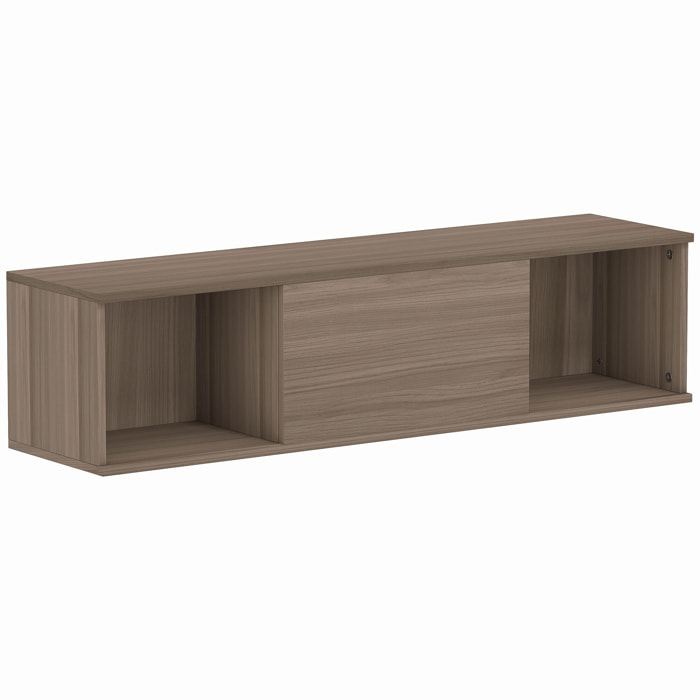 Meuble TV flottant suspendu - 2 niches, porte battante - effet bois noisetier brun gris