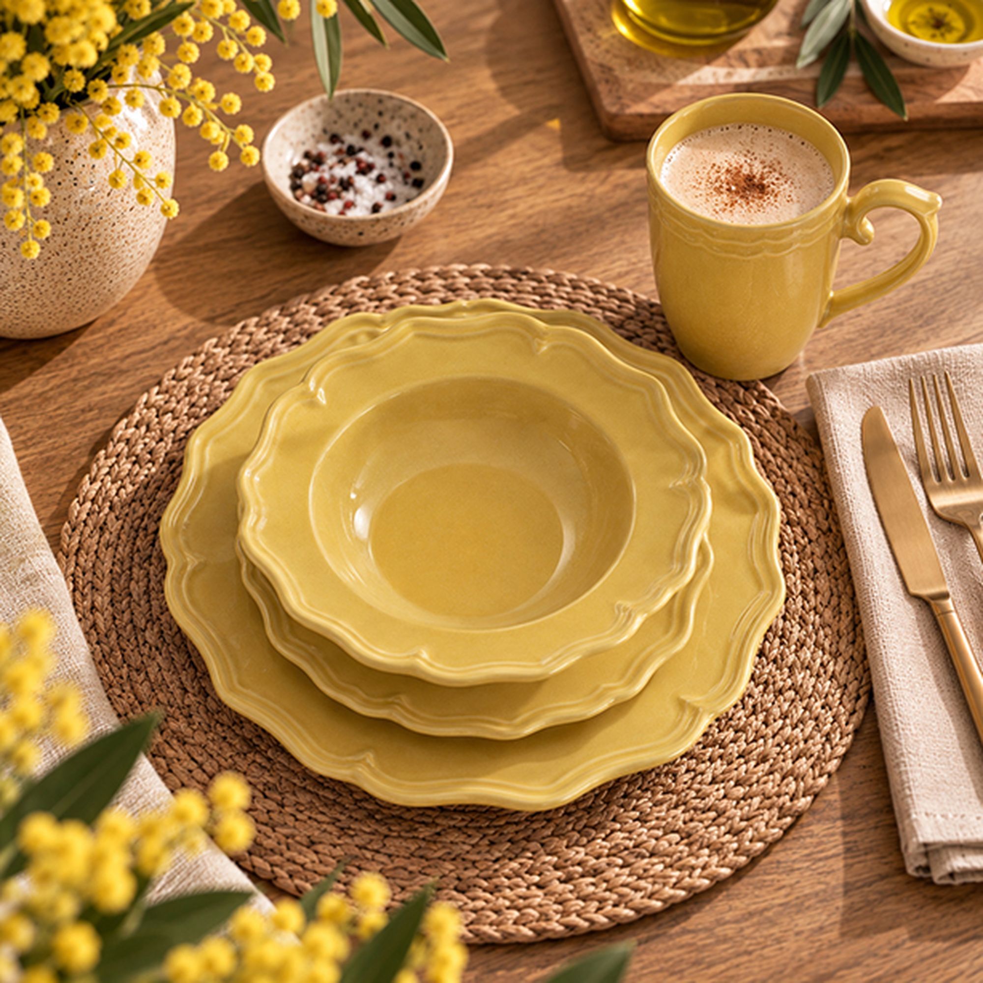 Lot de 6 assiettes creuses 23,5cm en grès jaune SIGNATURE