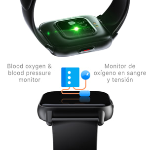 Smartwatch QS16 con termómetro corporal, monitor de tensión y O2. 24 modos deportivos, notificaciones de apps.