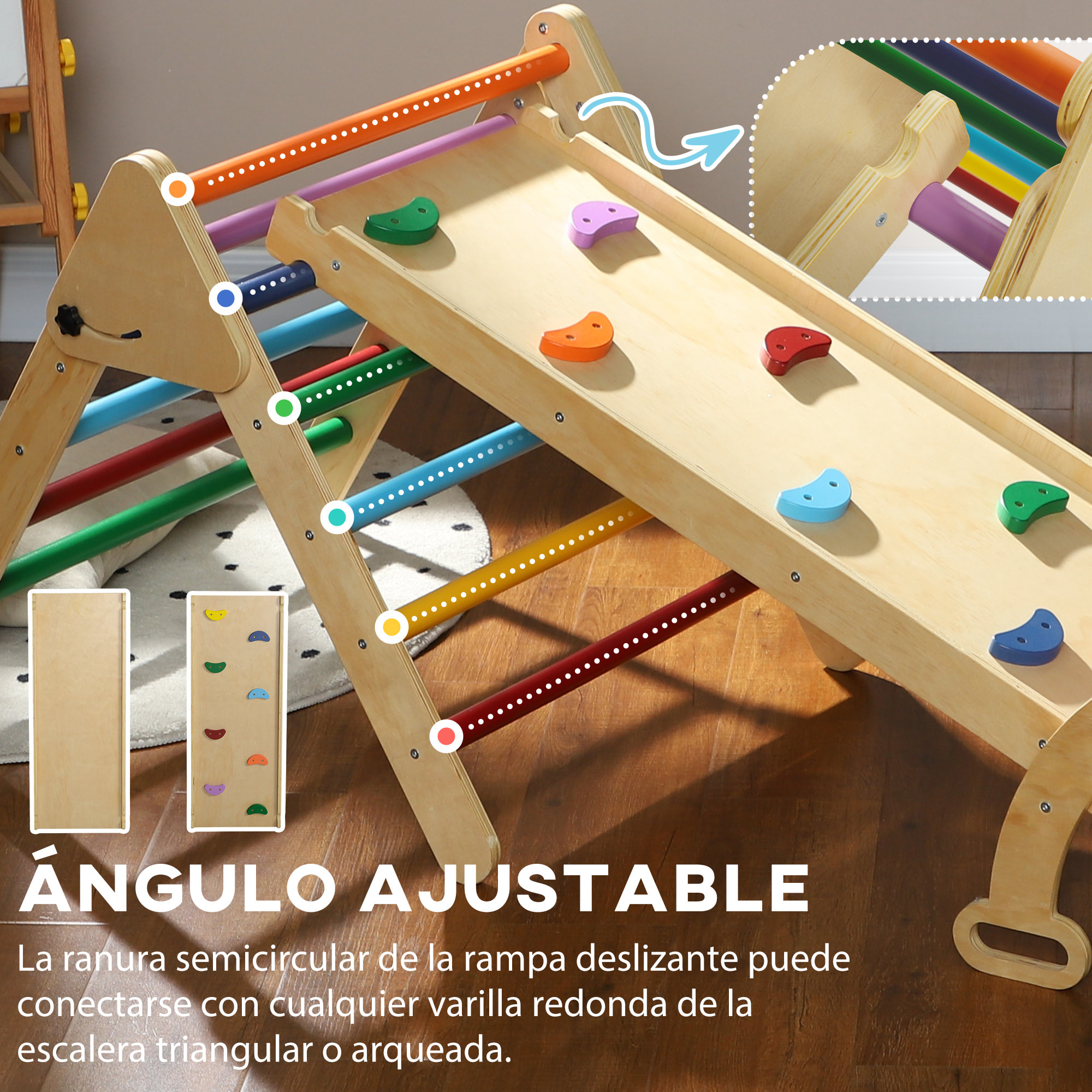 5 en 1 Triángulo de Escalada Montessori con Arco y Rampa, Escalada para Niños de Madera Plegable, para 18-48 Meses, para Deslizarse o Escalar, 178x64,5 cm, Multicolor