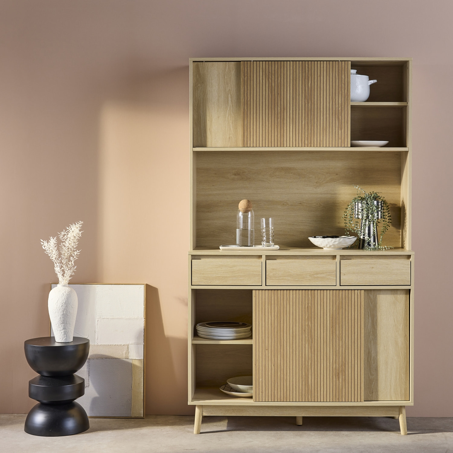 Buffet décor bois 4 portes 3 tiroirs 110 cm LINEAR