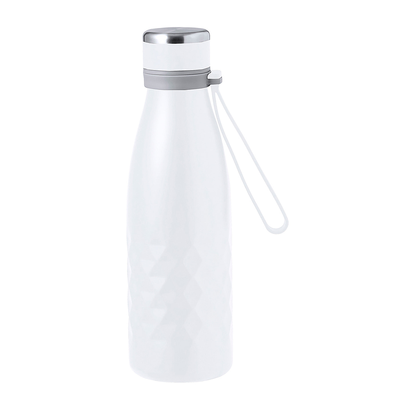 Borraccia termica da 550 ml in acciaio inox a doppia parete, con tappo a vite e manico abbinato in silicone.