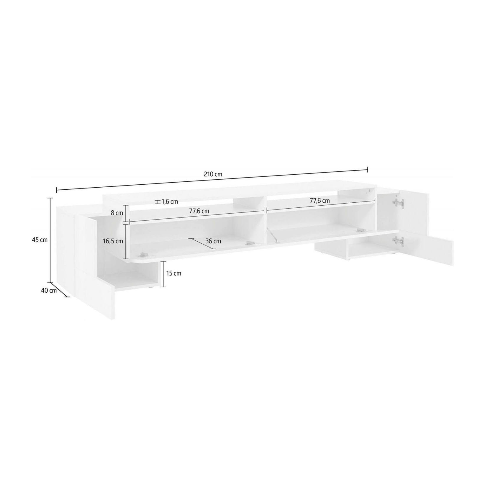 Mobile da soggiorno Porta TV, Made in Italy, Supporto per TV da salotto a 3 ante e ripiani, cm 210x45h45, colore Bianco lucido