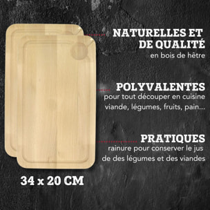 Planche à découper, hêtre avec rigolle et collecteur de sang 34 x 20 cm, par 2 FM Professional Gourmet édition