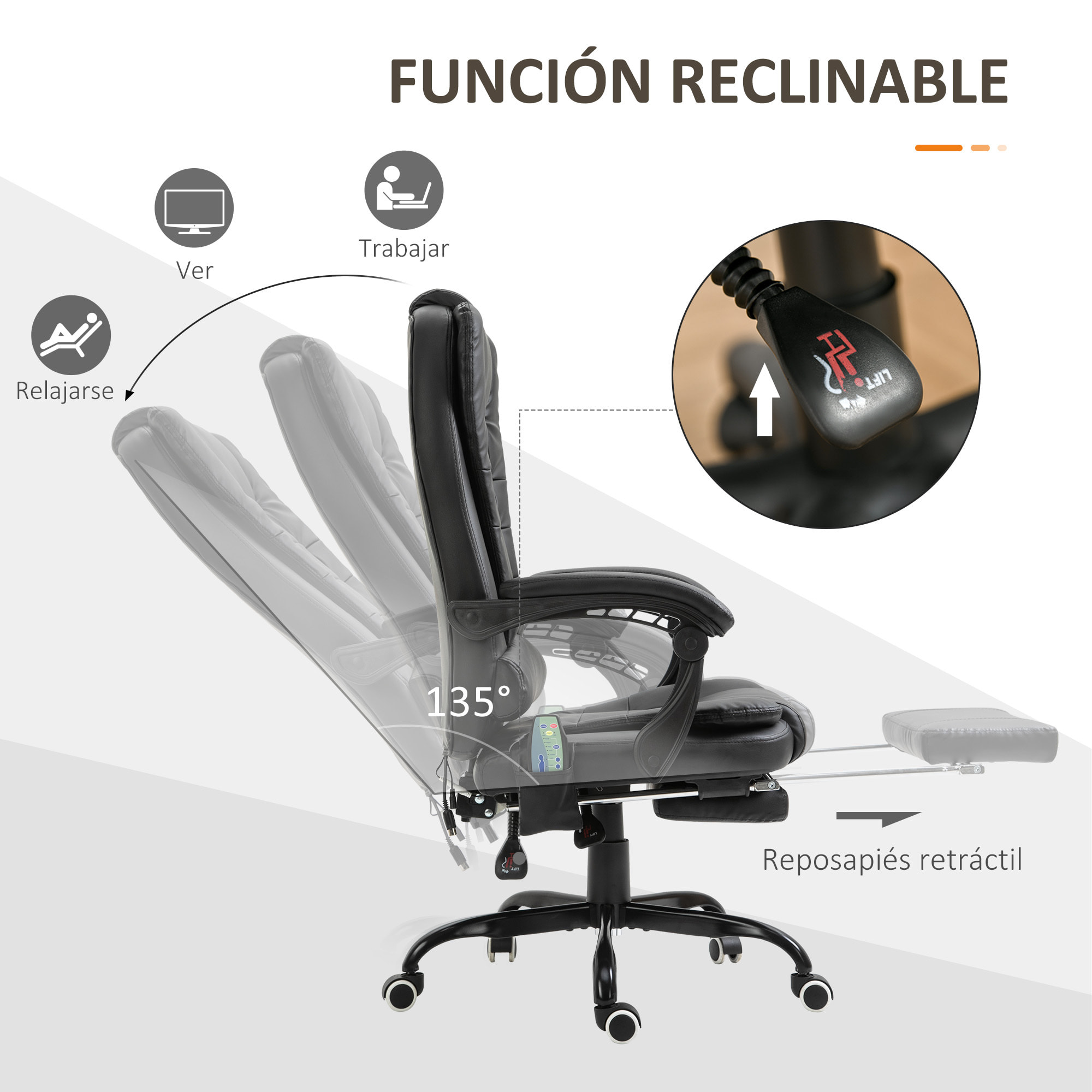 Silla de Oficina con 7 Puntos de Masaje Silla de Masaje Giratoria Silla de Escritorio con Reposapiés Retráctil Altura Ajustable Control Remoto y Tejido de PU Negro