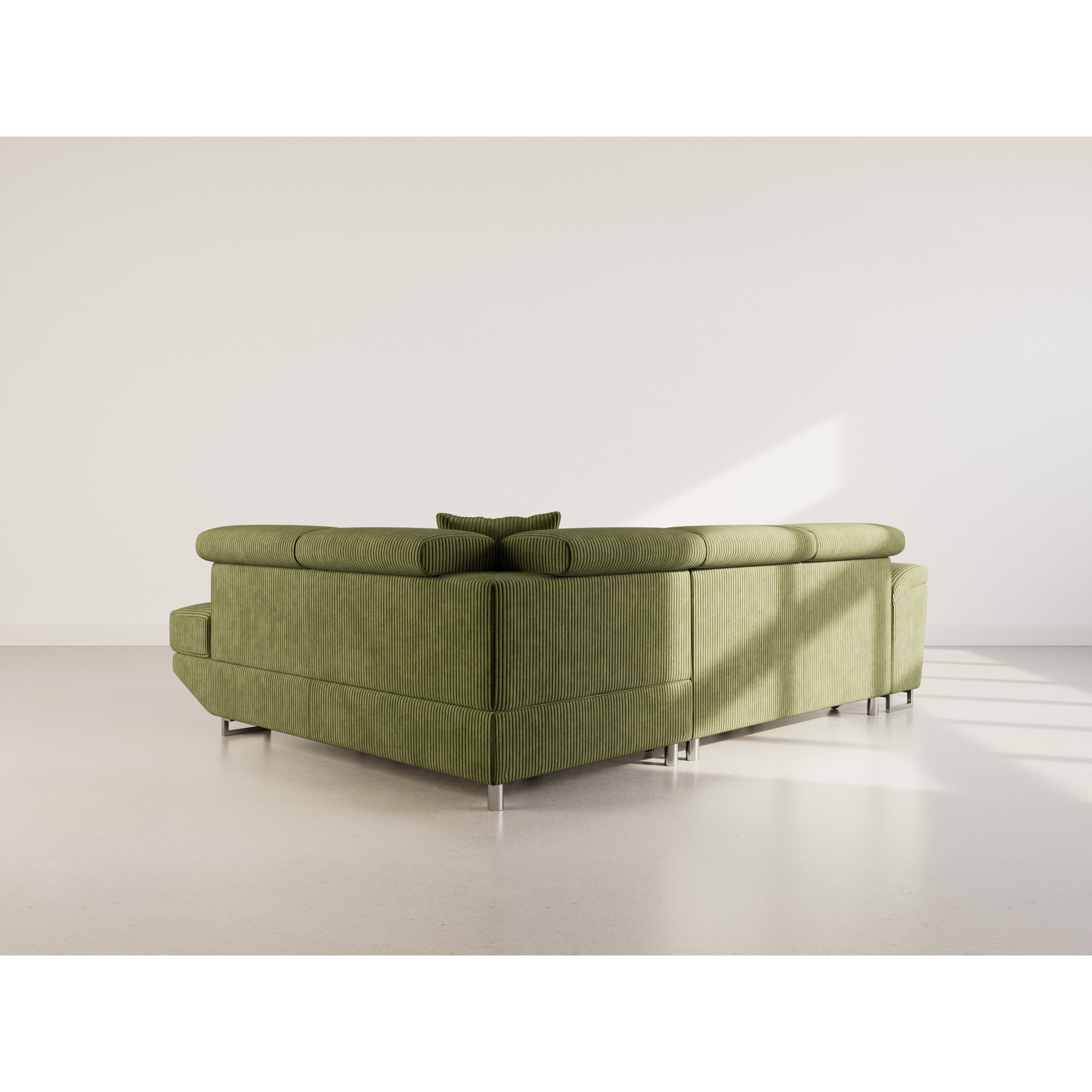 Baoji - Canapé d'angle droit 5 places convertible avec têtières et coffre en velours côtelé - Vert