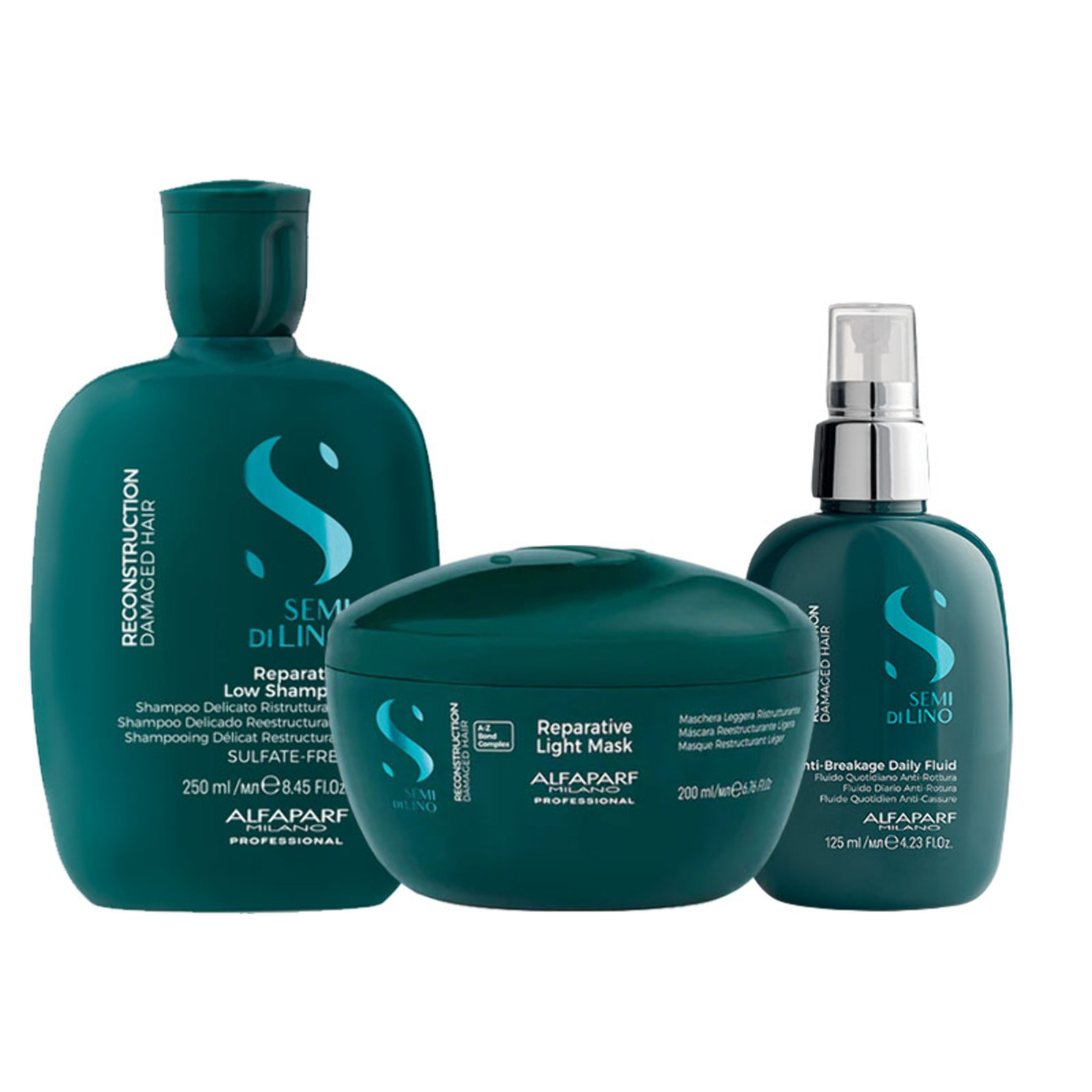 ALFAPARF MILANO Kit Semi Di Lino Reparative Shampoo 250ml + Mask 200ml + Anti-Breakage Daily Fluid 125ml