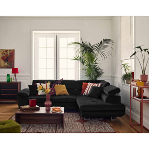 Dimas - canapé d'angle droit 5 places - convertible avec coffre et têtières réglables - en velours - Noir