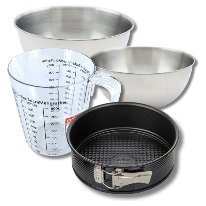 Set pâtisserie avec moule à manqué, 2 bols à mixer, verre mesureur et spatule Zenker