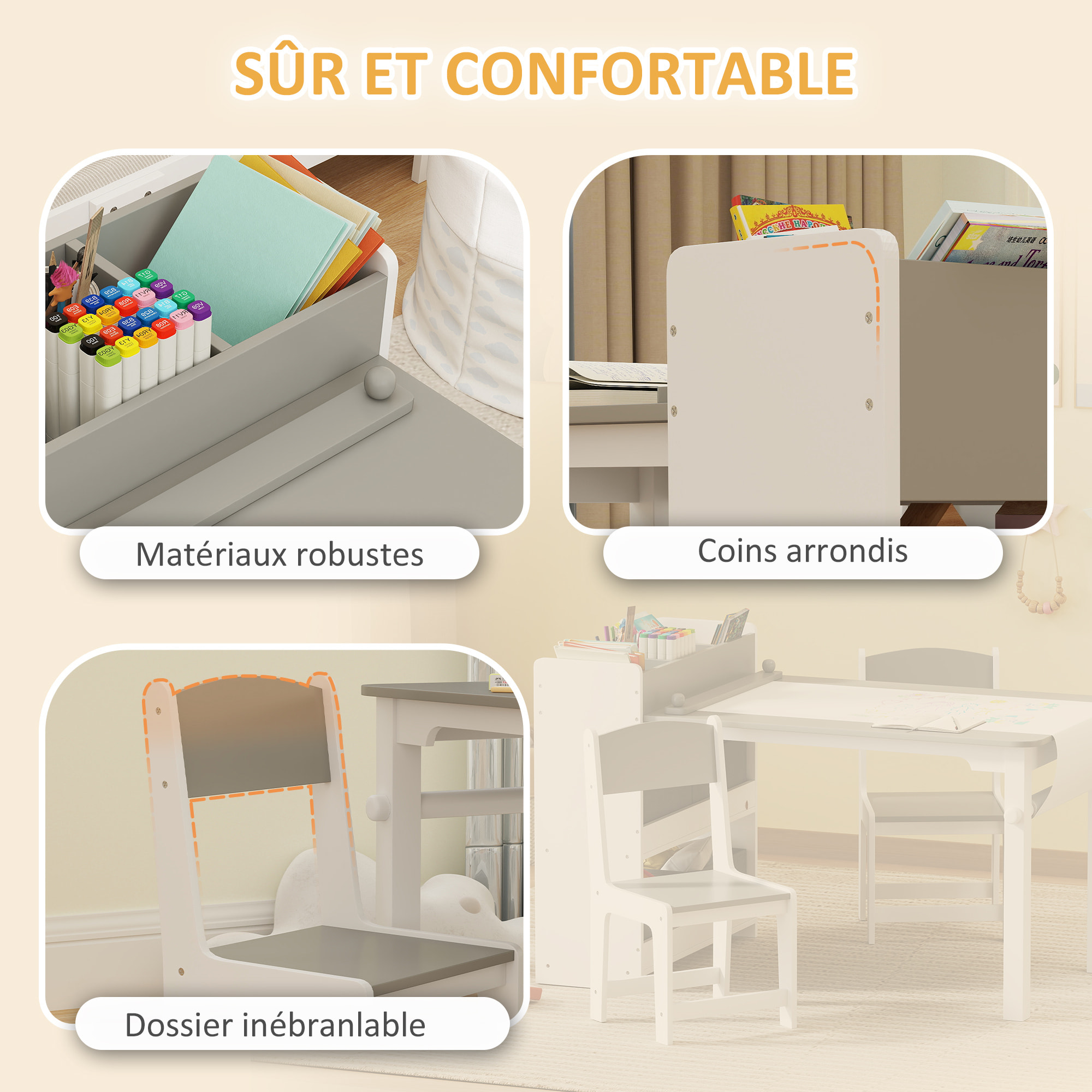 Table enfant avec 2 chaises en bois rouleau de papier étagères tiroirs blanc gris