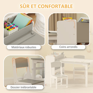 Table enfant avec 2 chaises en bois rouleau de papier étagères tiroirs blanc gris