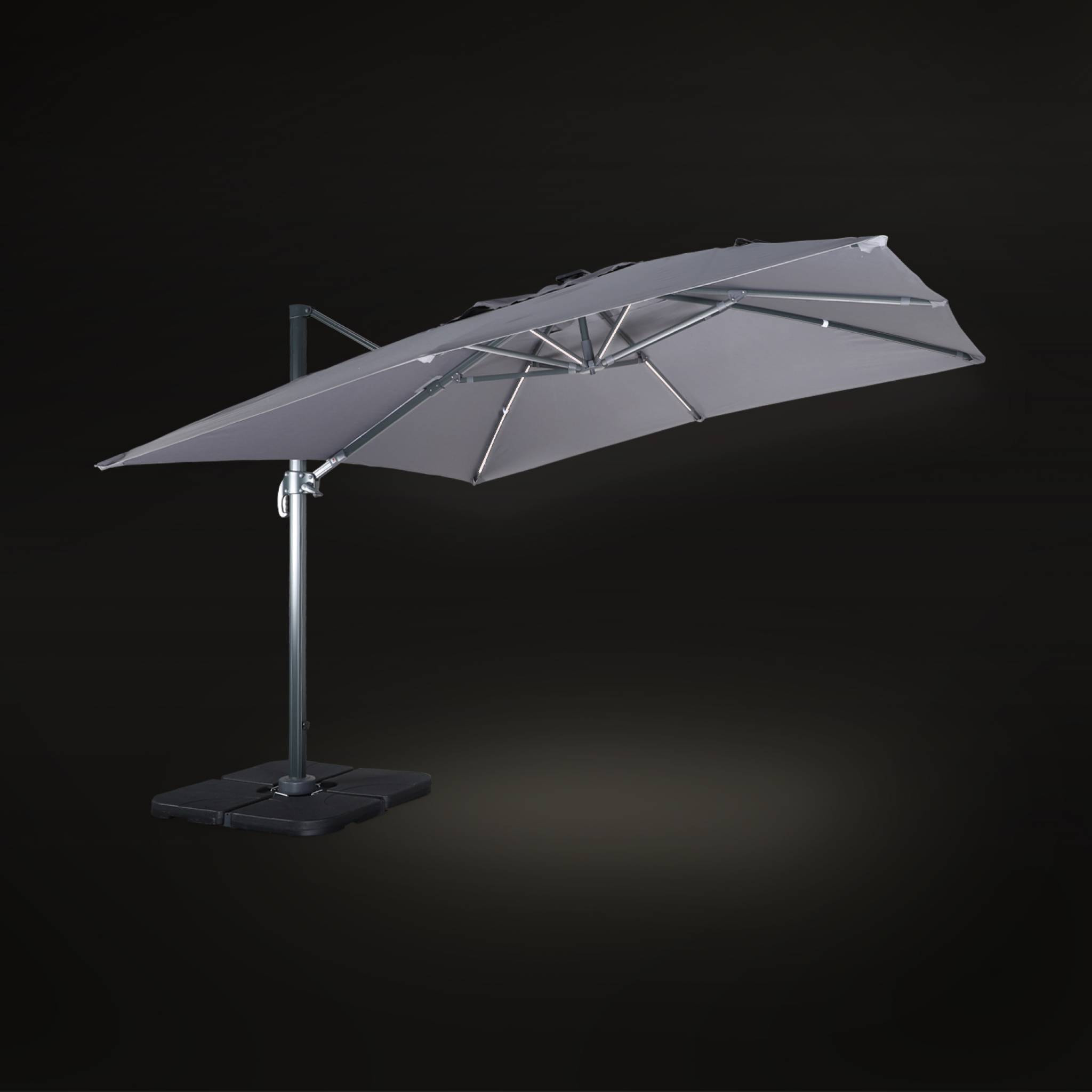 Parasol déporté solaire LED 3x3m Luce gris avec lumière intégrée + housse