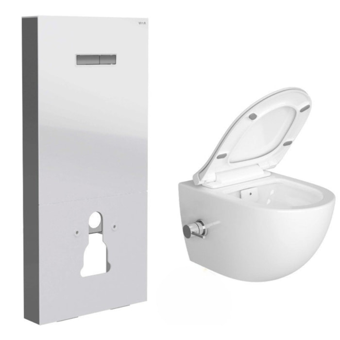 Pack WC Bâti support en verre trempé/aluminium brossé avec plaque intégrée, Blanc + WC sans bride SAT, fonction bidet