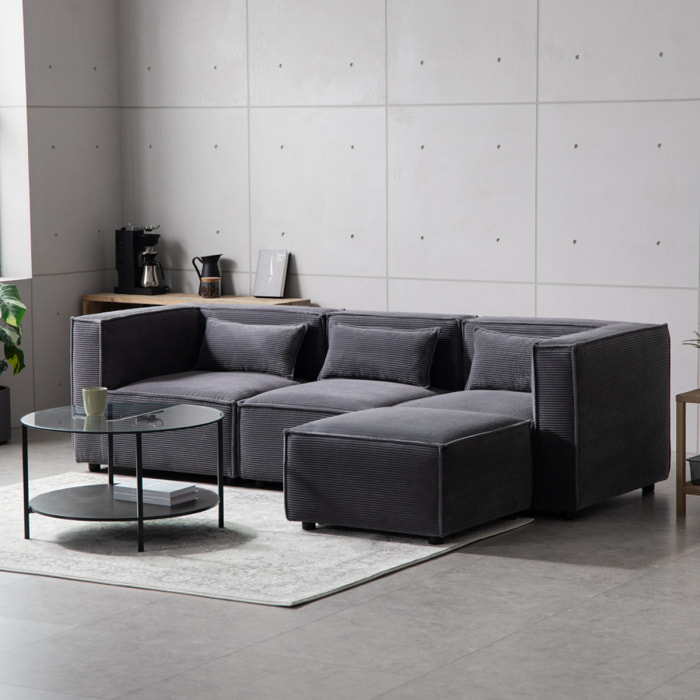 RAMOS Canapé modulable 3 places velours côtelé gris avec pouf