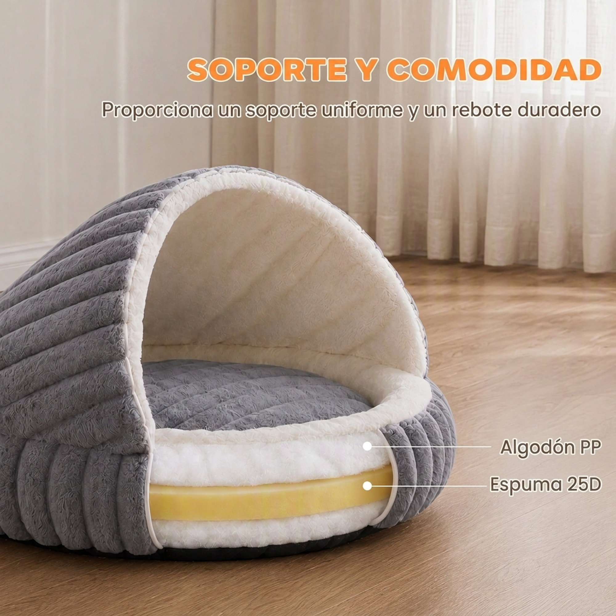 PawHut Cama para Gatos, Cueva para Gatitos Redonda con Base Antideslizante y Cojín Lavable, para Interior, 50x50x32 cm, Gris