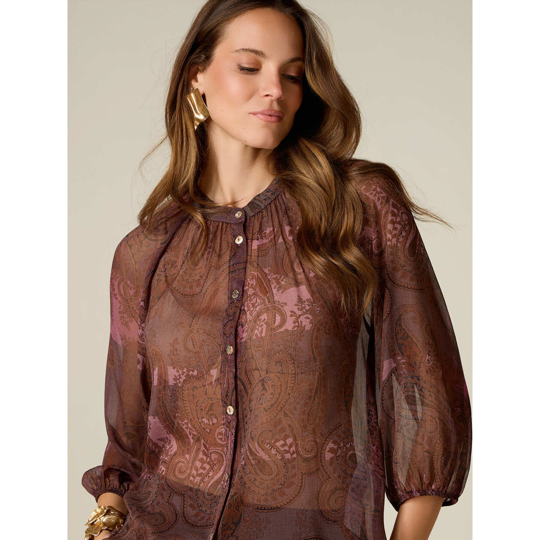 Oltre - Camicia in georgette fantasia - Marrone